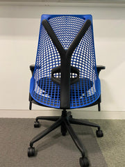 Used Herman Miller Sayl Black Cloth/Blue Plastic Mesh Back Swivel Chair