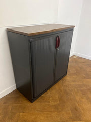 Used Steelcase Steel Dark Grey 1030mmh x 1000mmw x 450mmd Tambour Fronted Cupboard with Walnut Top