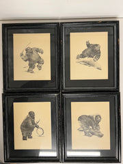 A Set of 4 Black & White Pencil Drawings of Traditional Inuit Hunting by Canadian Artist Hilda Laurie 1960's