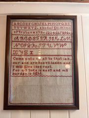Antique 19th Century Wooden Framed Linen Sampler "Invitation to Rest"