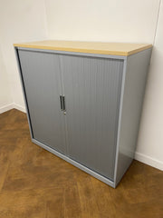 Used Triumph Steel Silver Grey 1200mmh x 1200mmw x 475mmd Tambour Fronted Cupboard with Maple Top