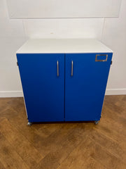 Used White/Blue Door Laminate 2 Door Laboratory Workshop Cupboard.