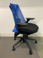 Used Herman Miller Sayl Black Cloth/Blue Plastic Mesh Back Swivel Chair