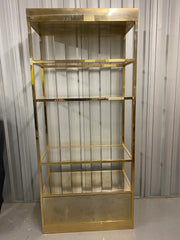 Used Antique Style Brass Framed Glass Shelved Etagere Garment Display 2060mm x 810mmw x 450mmd