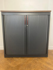 Used Steelcase Steel Dark Grey 1030mmh x 1000mmw x 450mmd Tambour Fronted Cupboard with Walnut Top