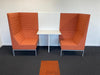 Used Giulio Marelli STRIPES Italian Booth Style Orange Cloth Single Seat Sofas x 2 and White Table