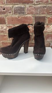 Miu Miu Brown Suede Wedge Studded Boots with Shearling Sheepskin Lining Size 6