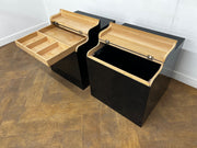 A Pair of Bespoke Designer Black Lacquered Bedside Cabinets/Lamp Cubes