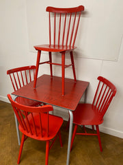 Vintage "TON" Ironica Wooden Red Chair (Set of 4) & Red Square Table