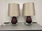 A Pair of Porta Romana Aubergine Lava Lamps with 12" Top Hat in Dove Satin with Cream Card Lining