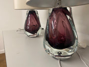 A Pair of Porta Romana Aubergine Lava Lamps with 12" Top Hat in Dove Satin with Cream Card Lining
