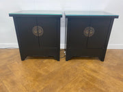 A Pair of Oriental Style Chinese Wedding Cabinets Black Lacquered Side Tables