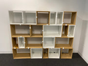 Used MUUTO Mini Stacked 2.0 Shelf System/Bookcase in Oak & White (21 Piece)