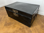 Vintage Black Painted Leather bound Trunk with Brass Handles & Lock