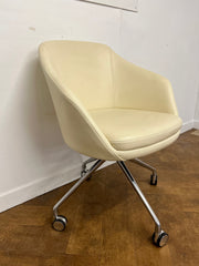 Used Frovi "Yak" Cream Leather Swivel Tub Chair on 4 Star Chrome Base & Castors