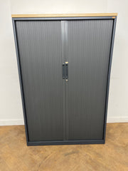 Used Triumph Steel Dark Grey Tambour Fronted Cupboard with Oak Top