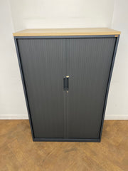 Used Triumph Steel Dark Grey Tambour Fronted Cupboard with Oak Top