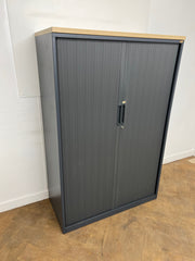 Used Triumph Steel Dark Grey Tambour Fronted Cupboard with Oak Top