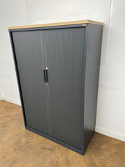 Used Triumph Steel Dark Grey Tambour Fronted Cupboard with Oak Top