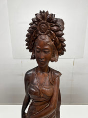 Vintage Indonesian Carved Hard Wood Sculpture of an Indonesian Lady in Traditional Attire