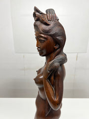 Vintage Mid Century Indonesian Balinese Carved Hard Wood Sculpture of a Nude Figure Lady