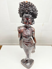 Vintage Indonesian Balinese Hand Carved Wooden Sculpture of an Elegant Female with Ornate Headdress