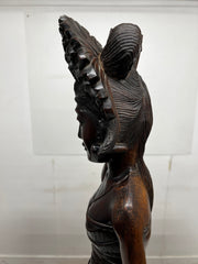 Vintage Indonesian Balinese Hand Carved Wooden Sculpture of an Elegant Female with Ornate Headdress