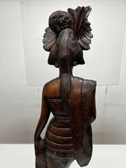 Vintage Indonesian Balinese Hand Carved Wooden Sculpture of an Elegant Female with Ornate Headdress