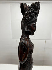 Vintage Indonesian Balinese Hand Carved Wooden Sculpture of an Elegant Female with Ornate Headdress