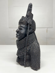 Heavily Hand Carved West African Benin Bust Sculpture of  a King (Oba) Warrior