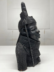 Heavily Hand Carved West African Benin Bust Sculpture of  a King (Oba) Warrior
