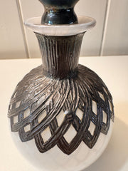 Vintage Sileda Ltd Silver Overlay Art Deco Style Hand Blow White Glass Perfume Bottle with Stopper