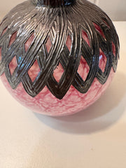 Vintage Sileda Ltd Silver Overlay Art Deco Style Hand Blown Pink Glass Perfume Bottle with Stopper