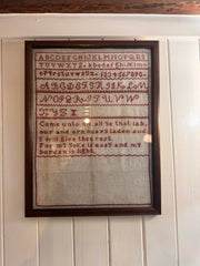 Antique 19th Century Wooden Framed  Linen Sampler "Invitation to Rest"