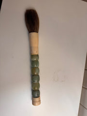 Antique Chinese Hand Carved Calligraphy Brush with Jade Bead Handle and Bone Collectible Display Piece or "Tickler"