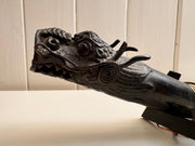 Antique Collectible Decorative Asian Black Metal Dragon Opium Pipe with Brass Inlay