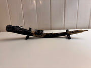 Antique Collectible Decorative Asian Black Metal Dragon Opium Pipe with Brass Inlay