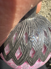 Vintage Sileda Ltd Silver Overlay Art Deco Style Hand Blown Pink Glass Perfume Bottle with Stopper
