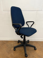 Used Blue Cloth High Back Swivel Chair with Plastic Loop Arms