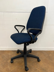 Used Blue Cloth High Back Swivel Chair with Plastic Loop Arms