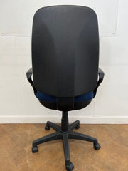 Used Blue Cloth High Back Swivel Chair with Plastic Loop Arms