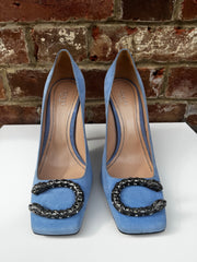 Gucci Dionysus Pale Blue Suede High Heels with Silver Tiger Head Jewelled Buckle