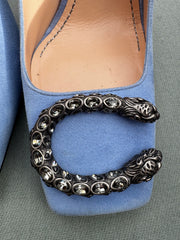 Gucci Dionysus Pale Blue Suede High Heels with Silver Tiger Head Jewelled Buckle