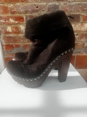 Miu Miu Brown Suede Wedge Studded Boots with Shearling Sheepskin Lining Size 6