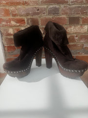 Miu Miu Brown Suede Wedge Studded Boots with Shearling Sheepskin Lining Size 6