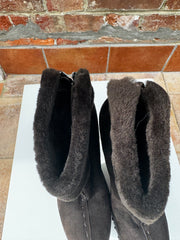 Miu Miu Brown Suede Wedge Studded Boots with Shearling Sheepskin Lining Size 6