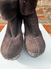 Miu Miu Brown Suede Wedge Studded Boots with Shearling Sheepskin Lining Size 6