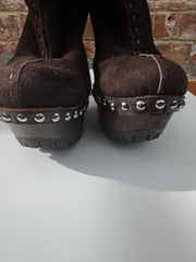 Miu Miu Brown Suede Wedge Studded Boots with Shearling Sheepskin Lining Size 6