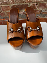 Vintage Gucci Brown Leather Horsebit Platform Mules
