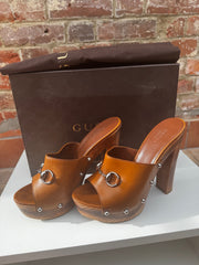 Vintage Gucci Brown Leather Horsebit Platform Mules